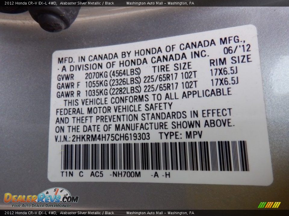 2012 Honda CR-V EX-L 4WD Alabaster Silver Metallic / Black Photo #33