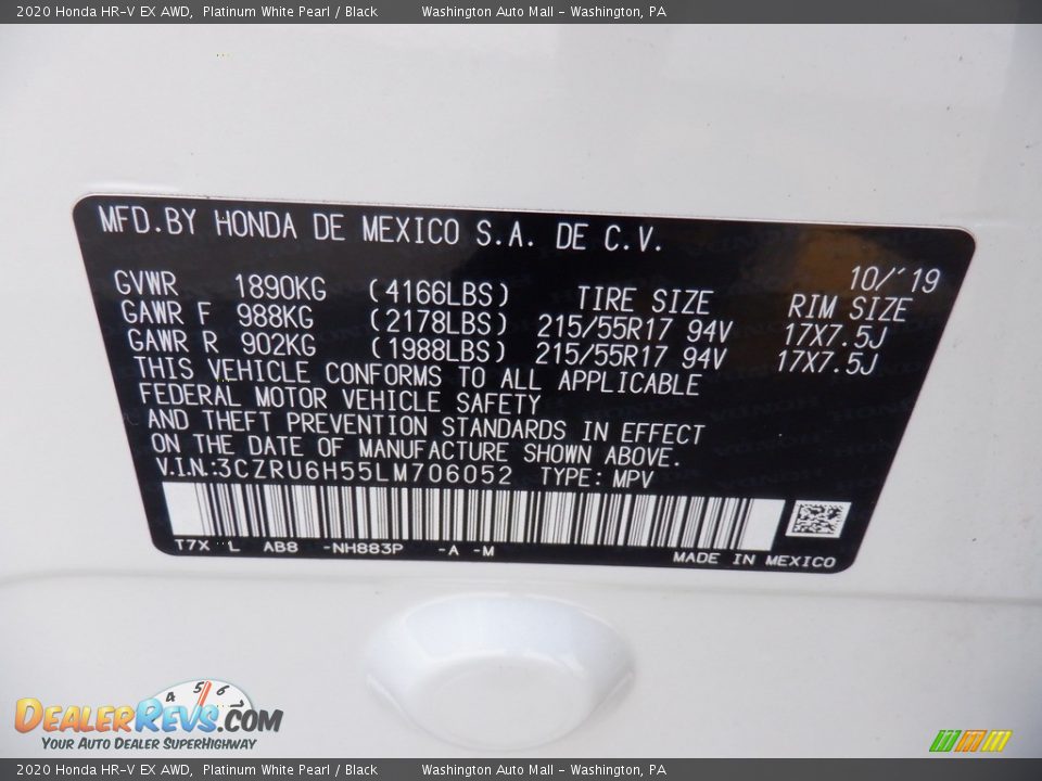 2020 Honda HR-V EX AWD Platinum White Pearl / Black Photo #27