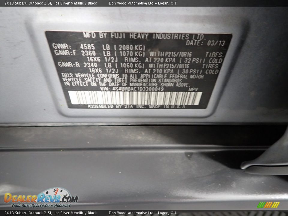 2013 Subaru Outback 2.5i Ice Silver Metallic / Black Photo #29