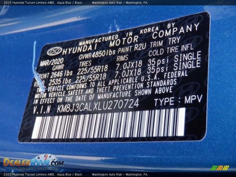 2020 Hyundai Tucson Limited AWD Aqua Blue / Black Photo #36