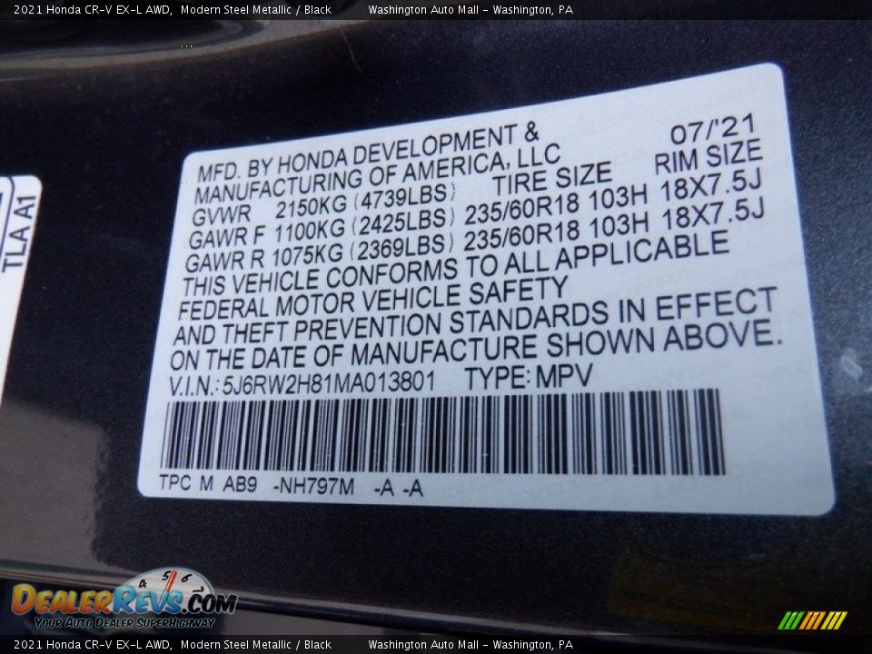 2021 Honda CR-V EX-L AWD Modern Steel Metallic / Black Photo #33