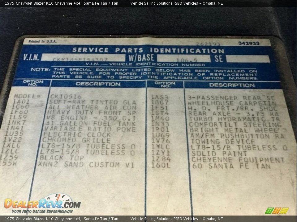 Info Tag of 1975 Chevrolet Blazer K10 Cheyenne 4x4 Photo #14