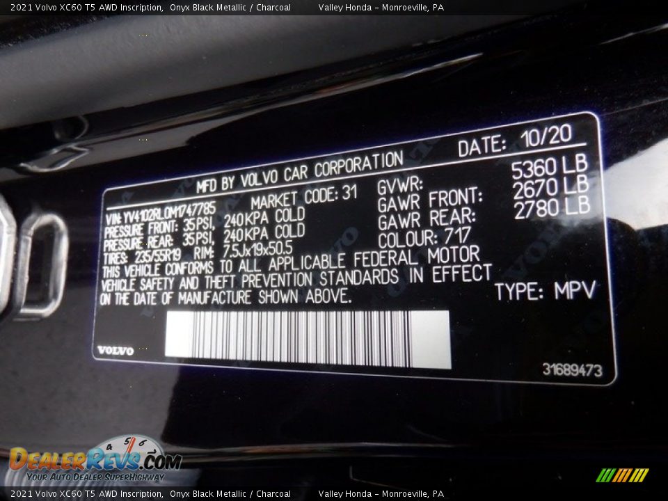 2021 Volvo XC60 T5 AWD Inscription Onyx Black Metallic / Charcoal Photo #35