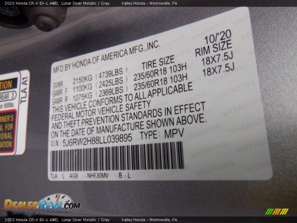 2020 Honda CR-V EX-L AWD Lunar Silver Metallic / Gray Photo #33