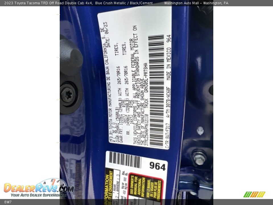 Toyota Color Code 8W7 Blue Crush Metallic