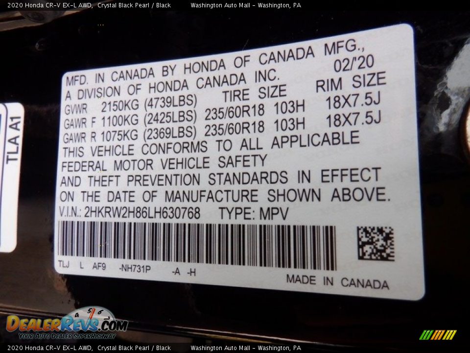 2020 Honda CR-V EX-L AWD Crystal Black Pearl / Black Photo #34