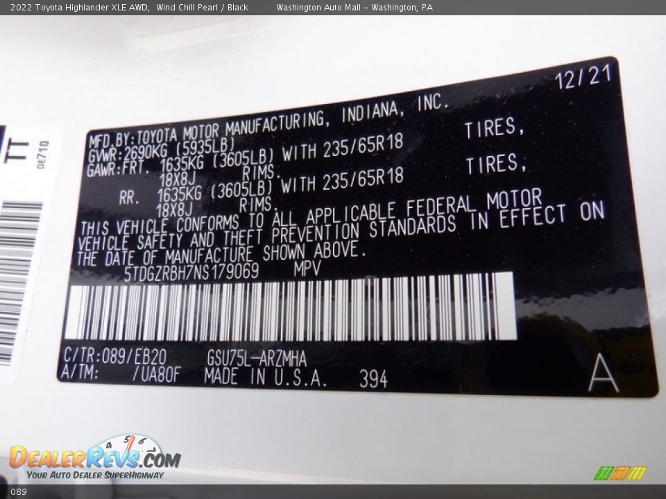 Toyota Color Code 089 Wind Chill Pearl