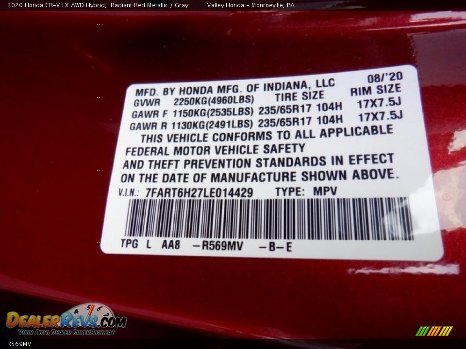 Honda Color Code R569MV Radiant Red Metallic