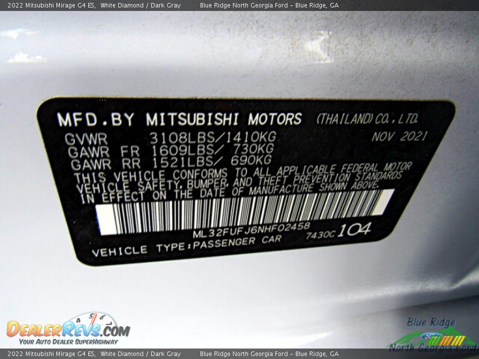 2022 Mitsubishi Mirage G4 ES White Diamond / Dark Gray Photo #23