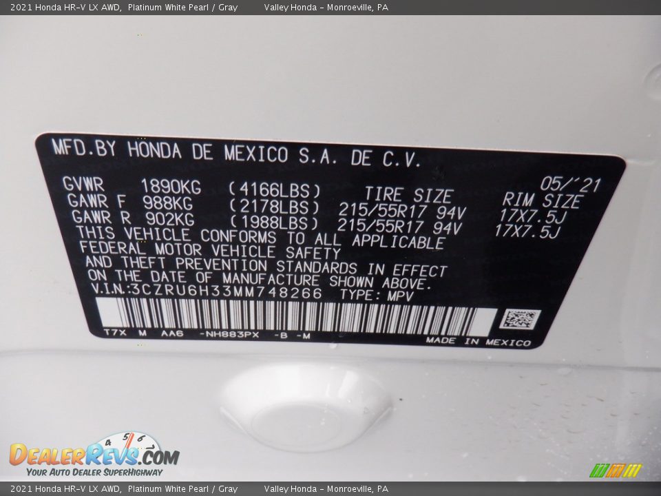 2021 Honda HR-V LX AWD Platinum White Pearl / Gray Photo #28