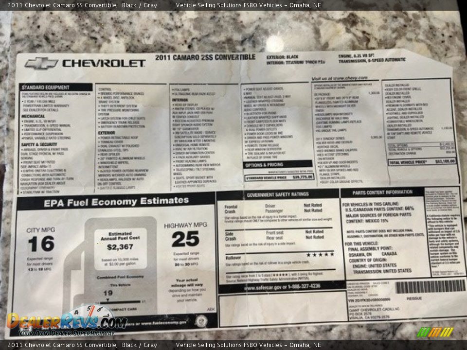 2011 Chevrolet Camaro SS Convertible Window Sticker Photo #24