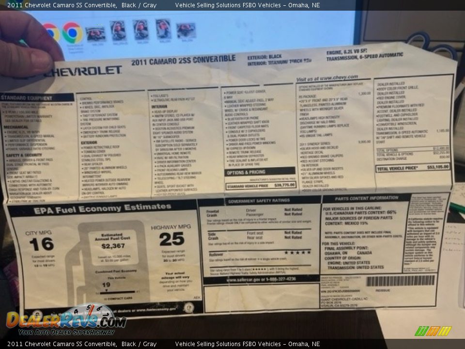 2011 Chevrolet Camaro SS Convertible Window Sticker Photo #25