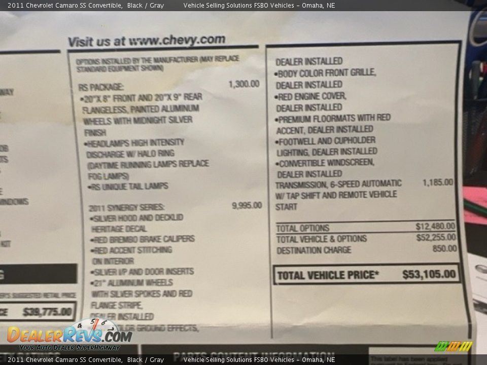2011 Chevrolet Camaro SS Convertible Window Sticker Photo #26
