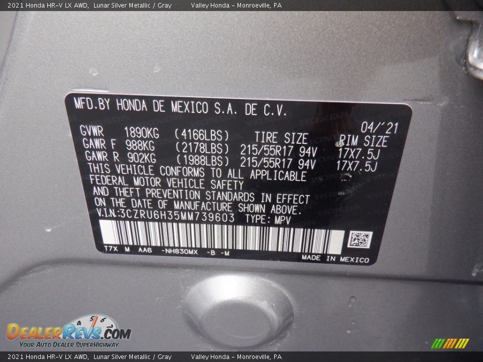 2021 Honda HR-V LX AWD Lunar Silver Metallic / Gray Photo #31