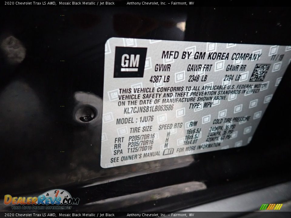 2020 Chevrolet Trax LS AWD Mosaic Black Metallic / Jet Black Photo #15