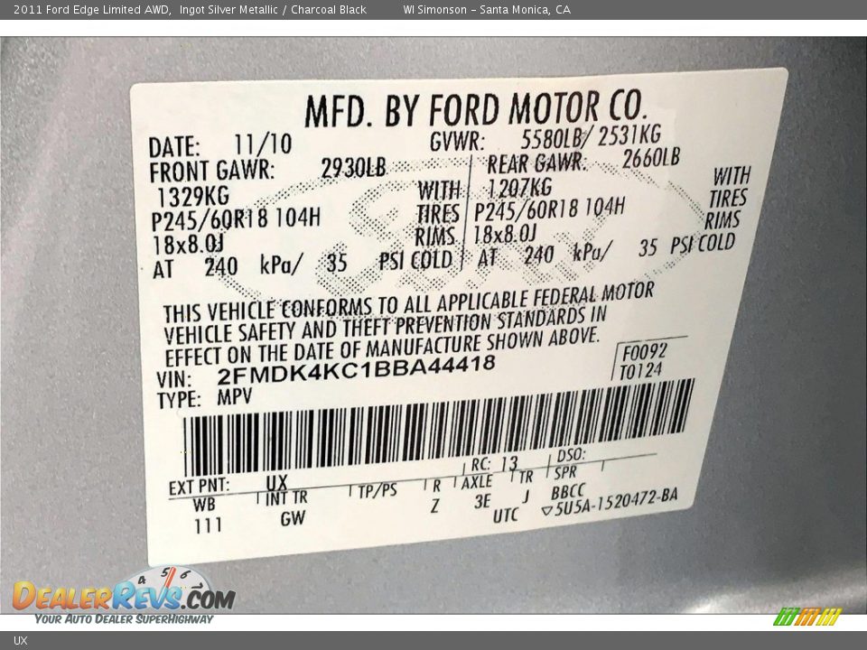 Ford Color Code UX Ingot Silver Metallic