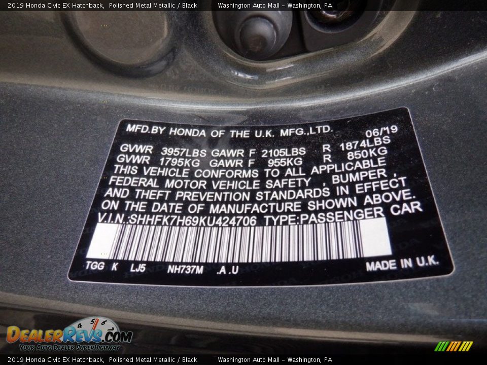 2019 Honda Civic EX Hatchback Polished Metal Metallic / Black Photo #27