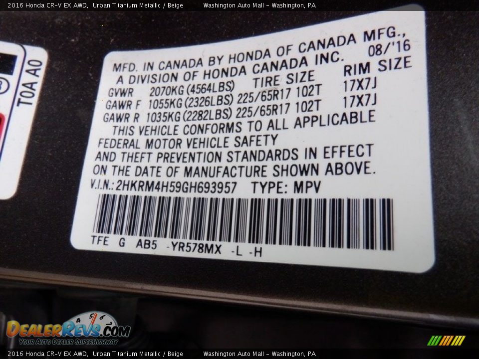 2016 Honda CR-V EX AWD Urban Titanium Metallic / Beige Photo #31
