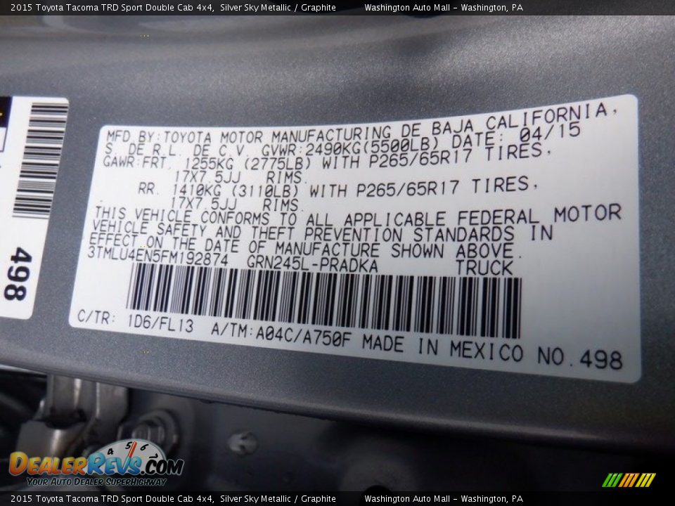 2015 Toyota Tacoma TRD Sport Double Cab 4x4 Silver Sky Metallic / Graphite Photo #35