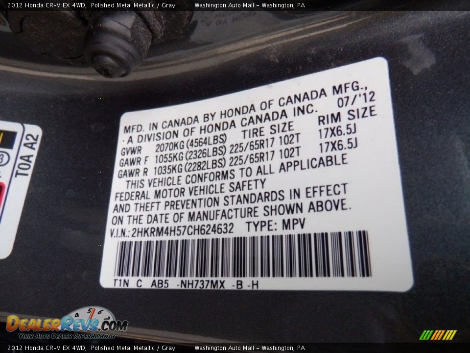 2012 Honda CR-V EX 4WD Polished Metal Metallic / Gray Photo #31