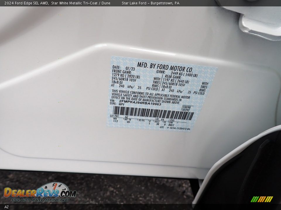 Ford Color Code AZ Star White Metallic Tri-Coat