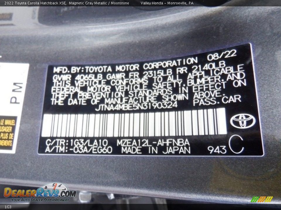 Toyota Color Code 1G3 Magnetic Gray Metallic