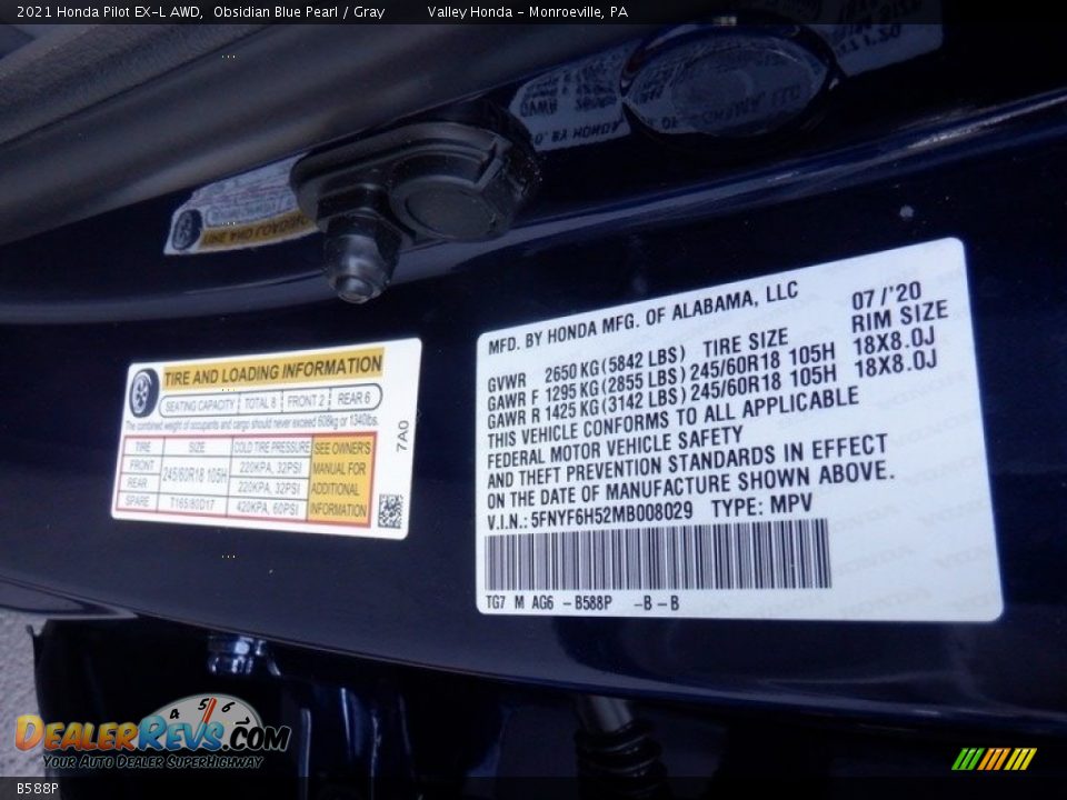 Honda Color Code B588P Obsidian Blue Pearl