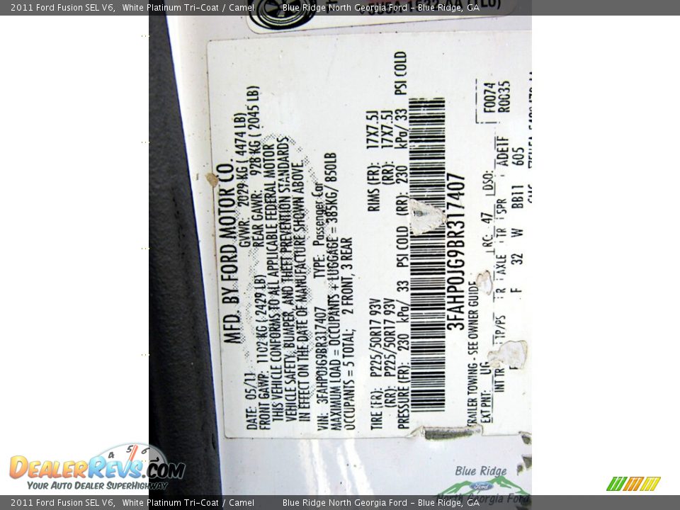 2011 Ford Fusion SEL V6 White Platinum Tri-Coat / Camel Photo #20