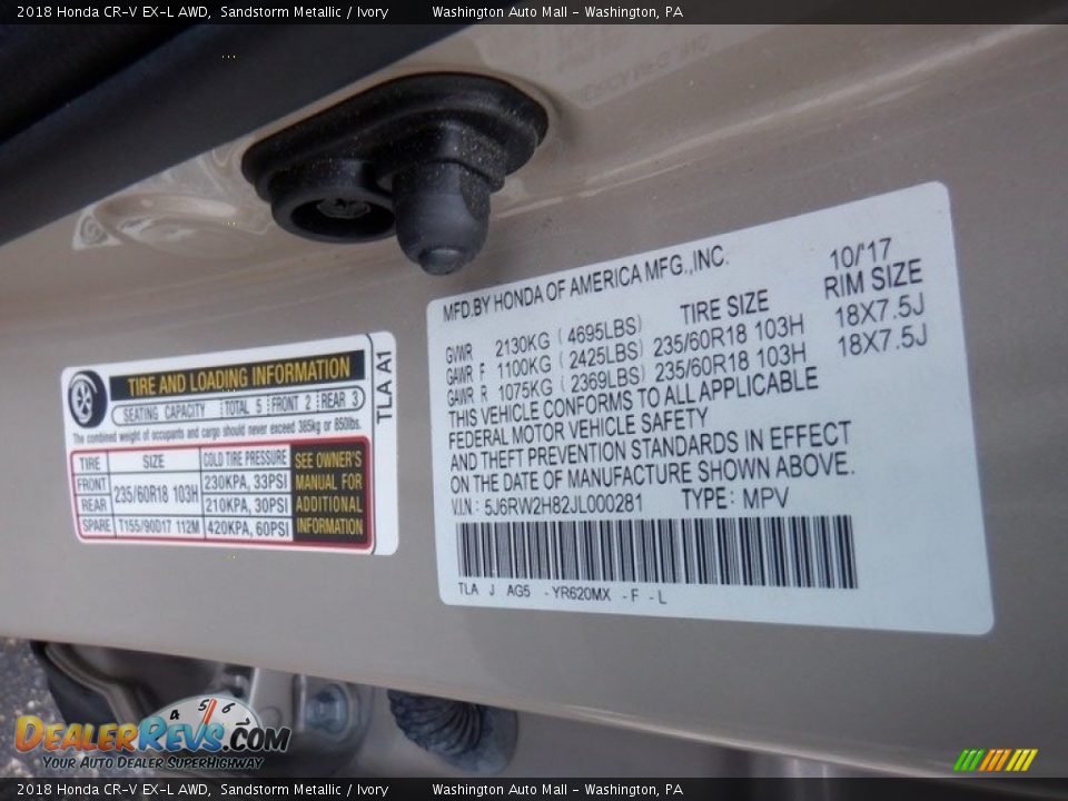 2018 Honda CR-V EX-L AWD Sandstorm Metallic / Ivory Photo #35