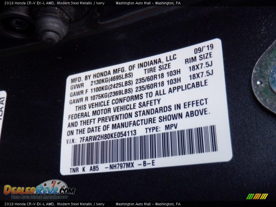 2019 Honda CR-V EX-L AWD Modern Steel Metallic / Ivory Photo #34