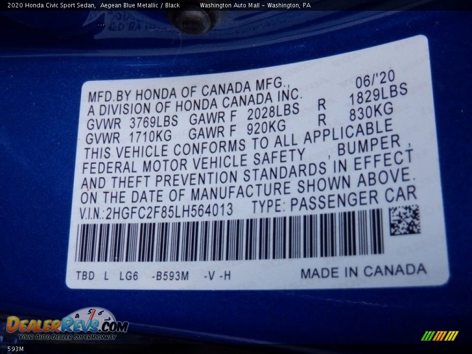 Honda Color Code 593M Aegean Blue Metallic