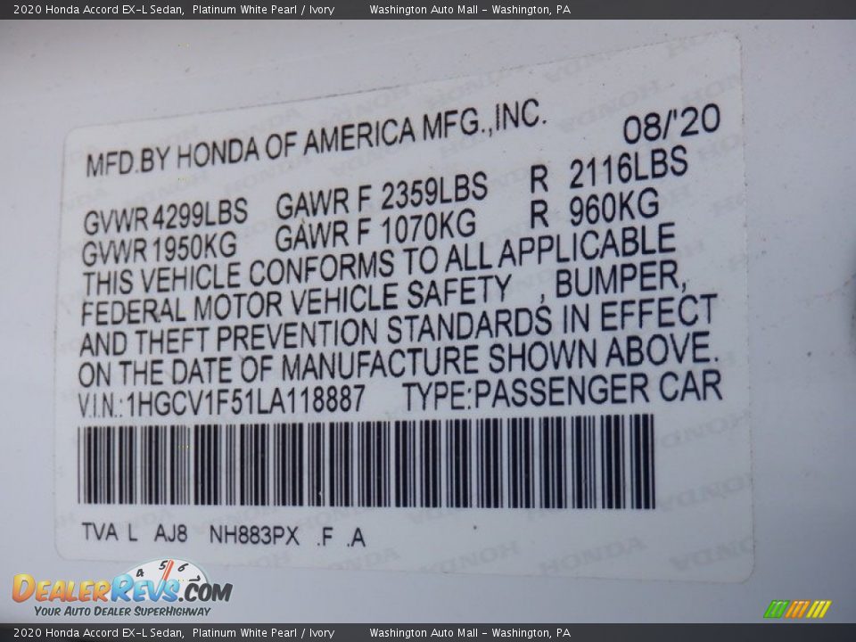 2020 Honda Accord EX-L Sedan Platinum White Pearl / Ivory Photo #33