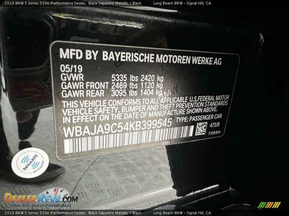 2019 BMW 5 Series 530e iPerformance Sedan Black Sapphire Metallic / Black Photo #22