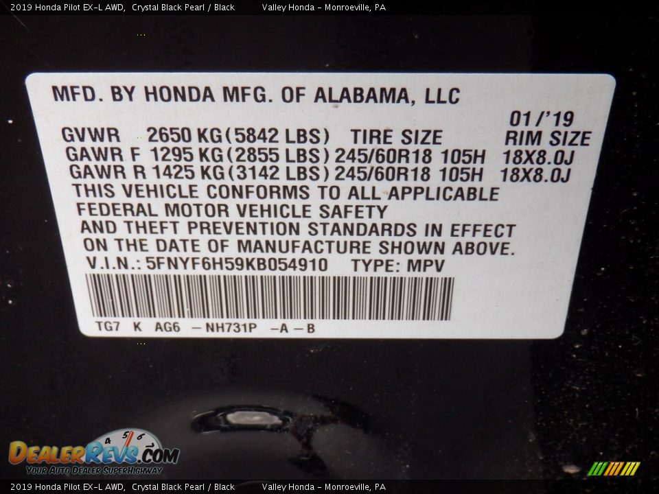 2019 Honda Pilot EX-L AWD Crystal Black Pearl / Black Photo #34