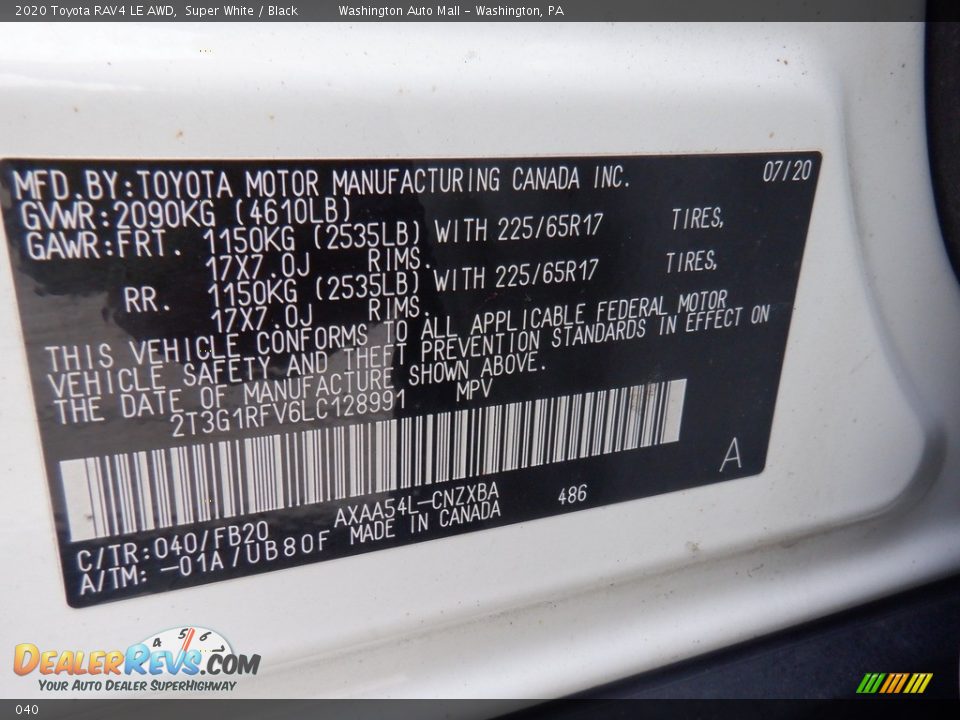 Toyota Color Code 040 Super White