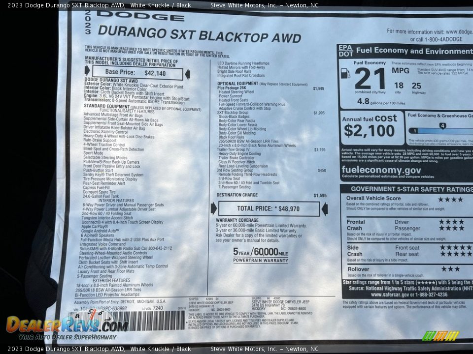 2023 Dodge Durango SXT Blacktop AWD White Knuckle / Black Photo #31