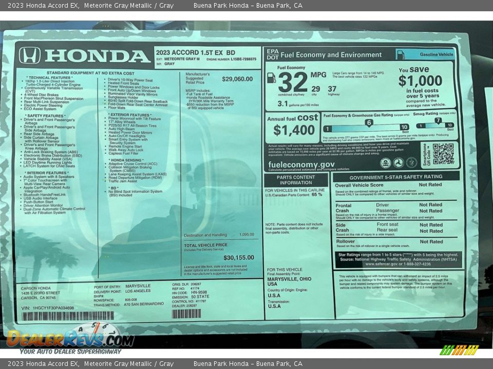 2023 Honda Accord EX Window Sticker Photo #12