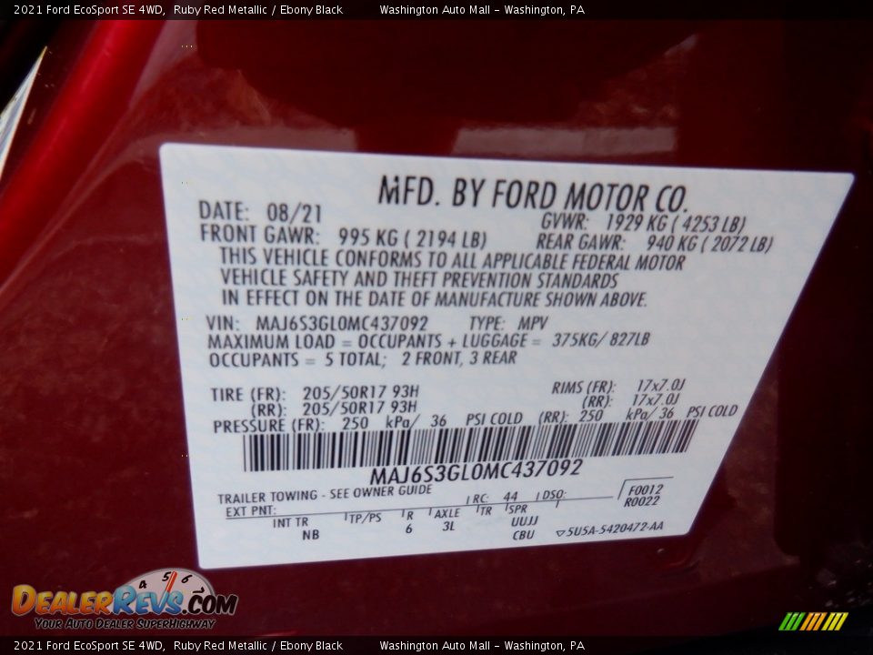 2021 Ford EcoSport SE 4WD Ruby Red Metallic / Ebony Black Photo #35