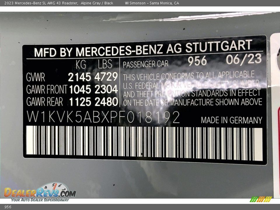 Mercedes-Benz Color Code 956 Alpine Gray