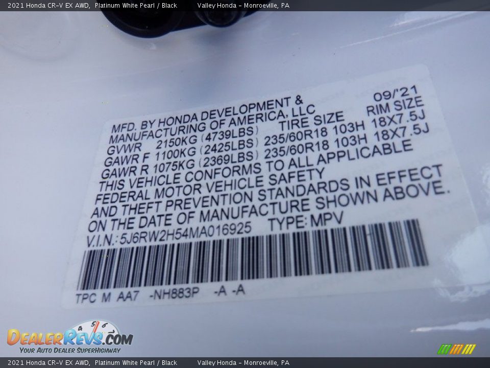 2021 Honda CR-V EX AWD Platinum White Pearl / Black Photo #33