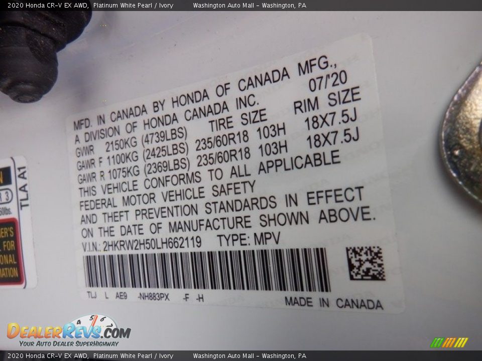 2020 Honda CR-V EX AWD Platinum White Pearl / Ivory Photo #31