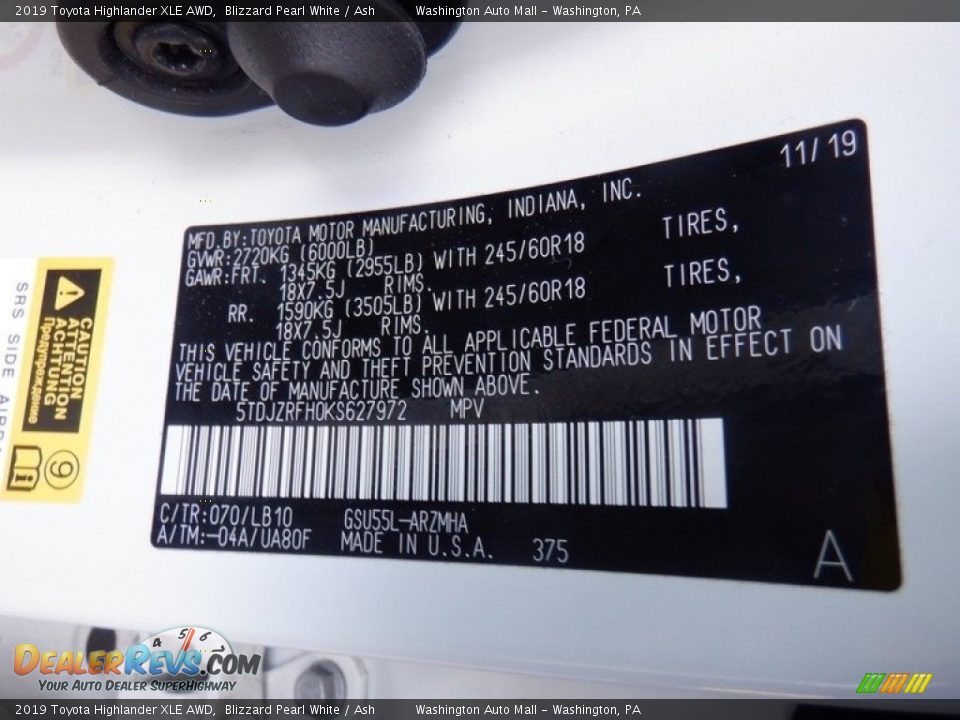 2019 Toyota Highlander XLE AWD Blizzard Pearl White / Ash Photo #35
