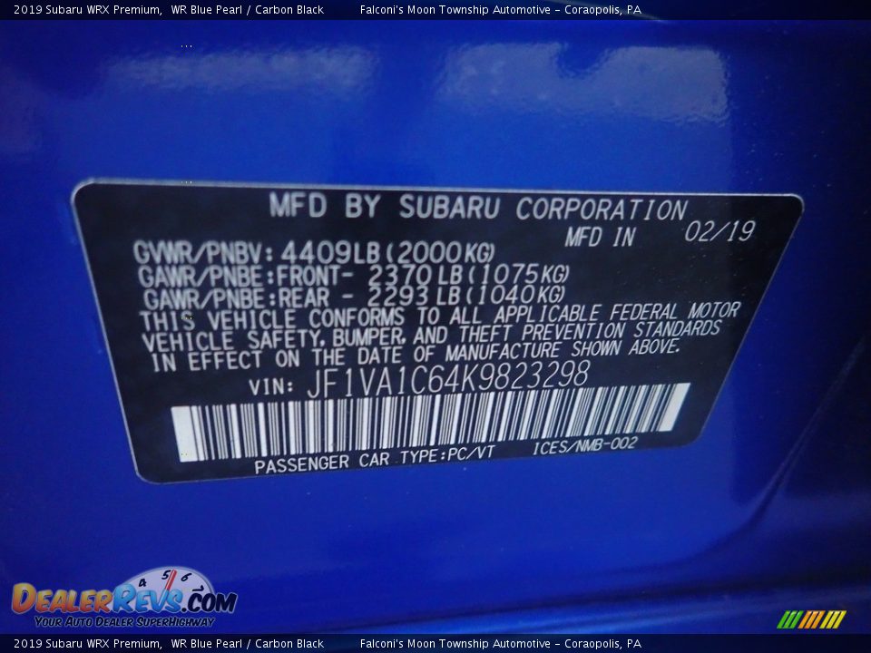 2019 Subaru WRX Premium WR Blue Pearl / Carbon Black Photo #28