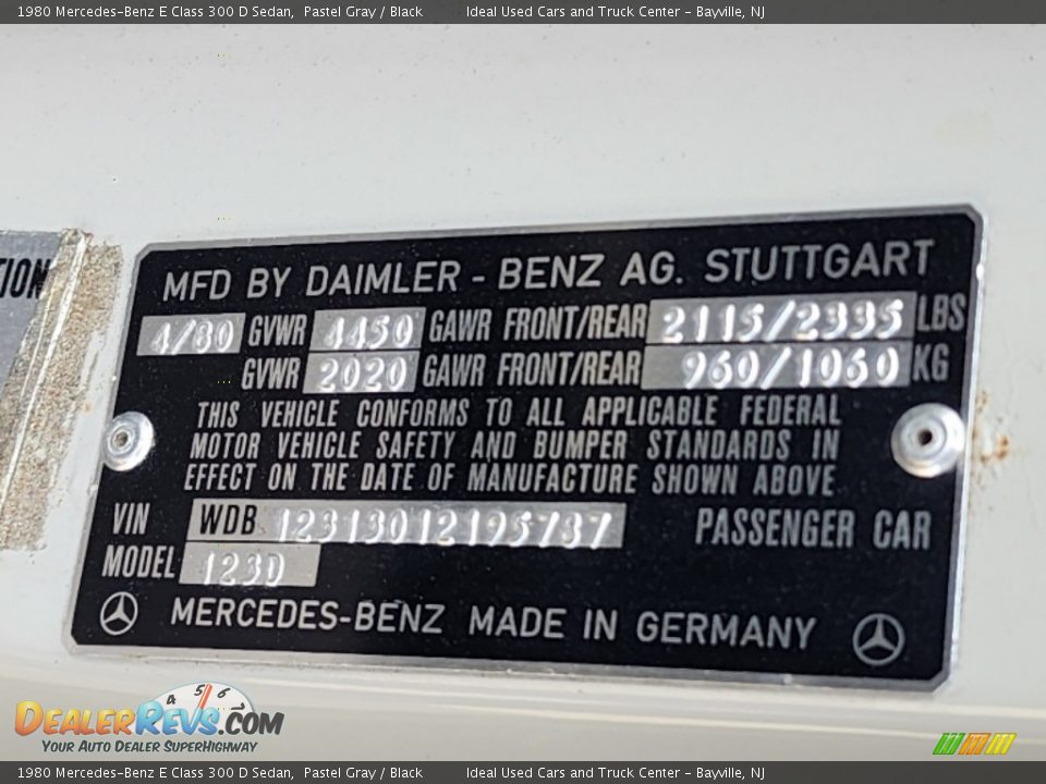 Info Tag of 1980 Mercedes-Benz E Class 300 D Sedan Photo #32