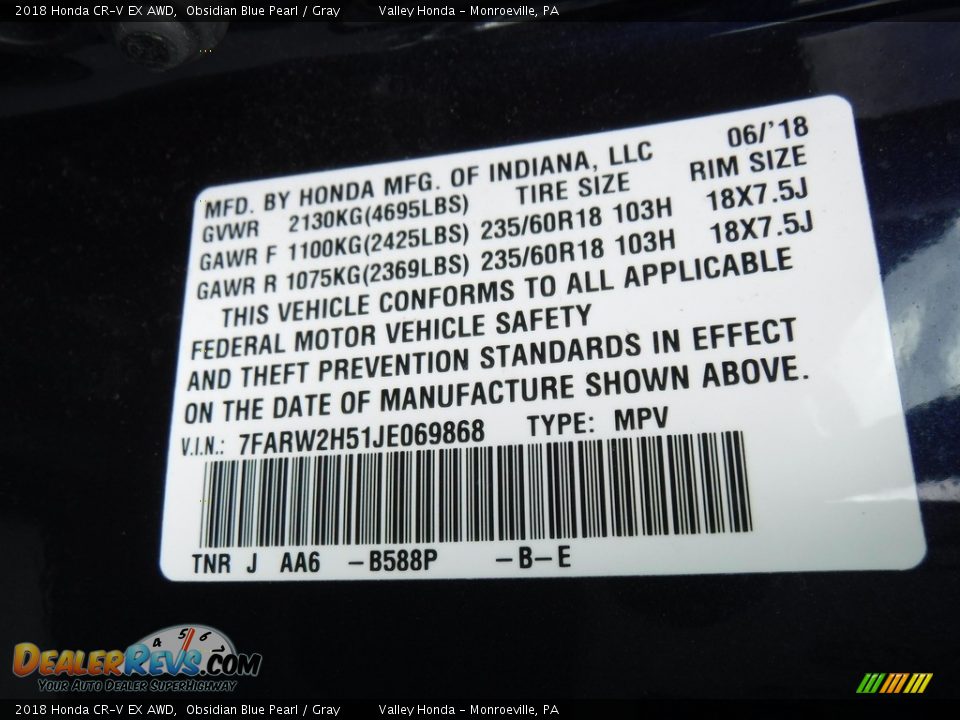 2018 Honda CR-V EX AWD Obsidian Blue Pearl / Gray Photo #34