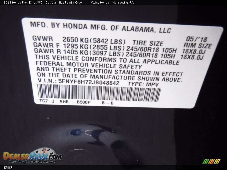 Honda Color Code B588P Obsidian Blue Pearl