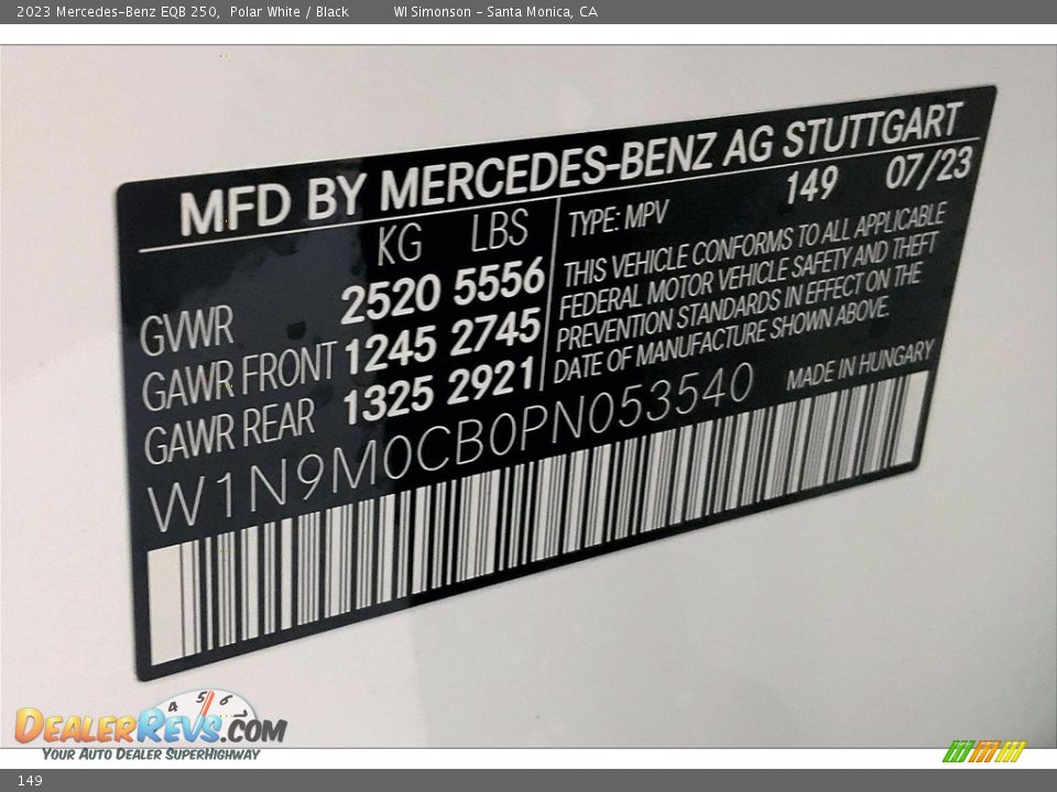 Mercedes-Benz Color Code 149 Polar White