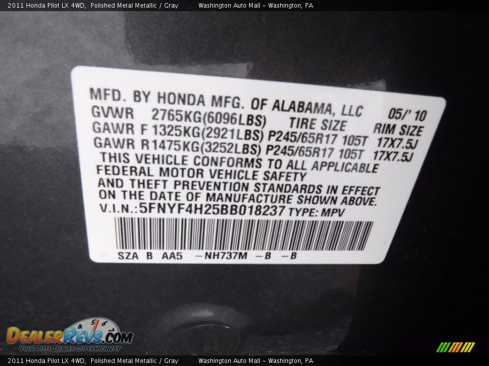 2011 Honda Pilot LX 4WD Polished Metal Metallic / Gray Photo #31