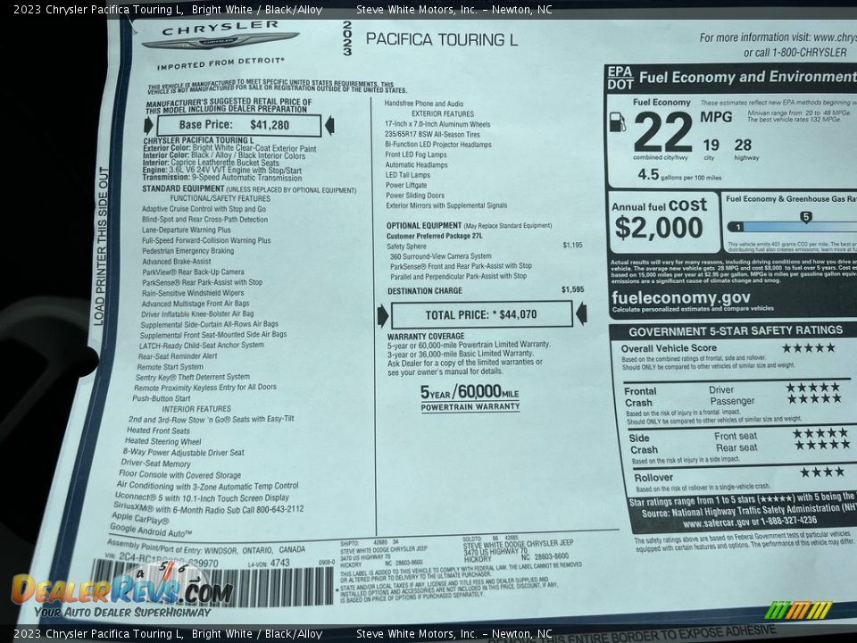 2023 Chrysler Pacifica Touring L Window Sticker Photo #30