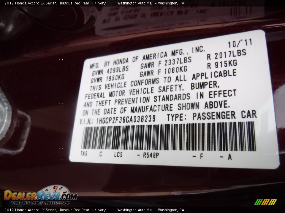 2012 Honda Accord LX Sedan Basque Red Pearl II / Ivory Photo #27